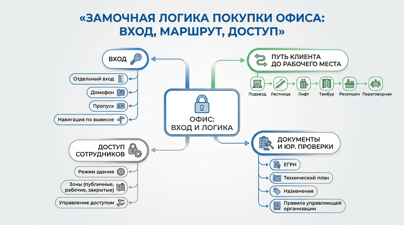 Инфографика «Замочная логика»: вход, путь клиента, доступ сотрудников и юридические проверки при покупке офиса.