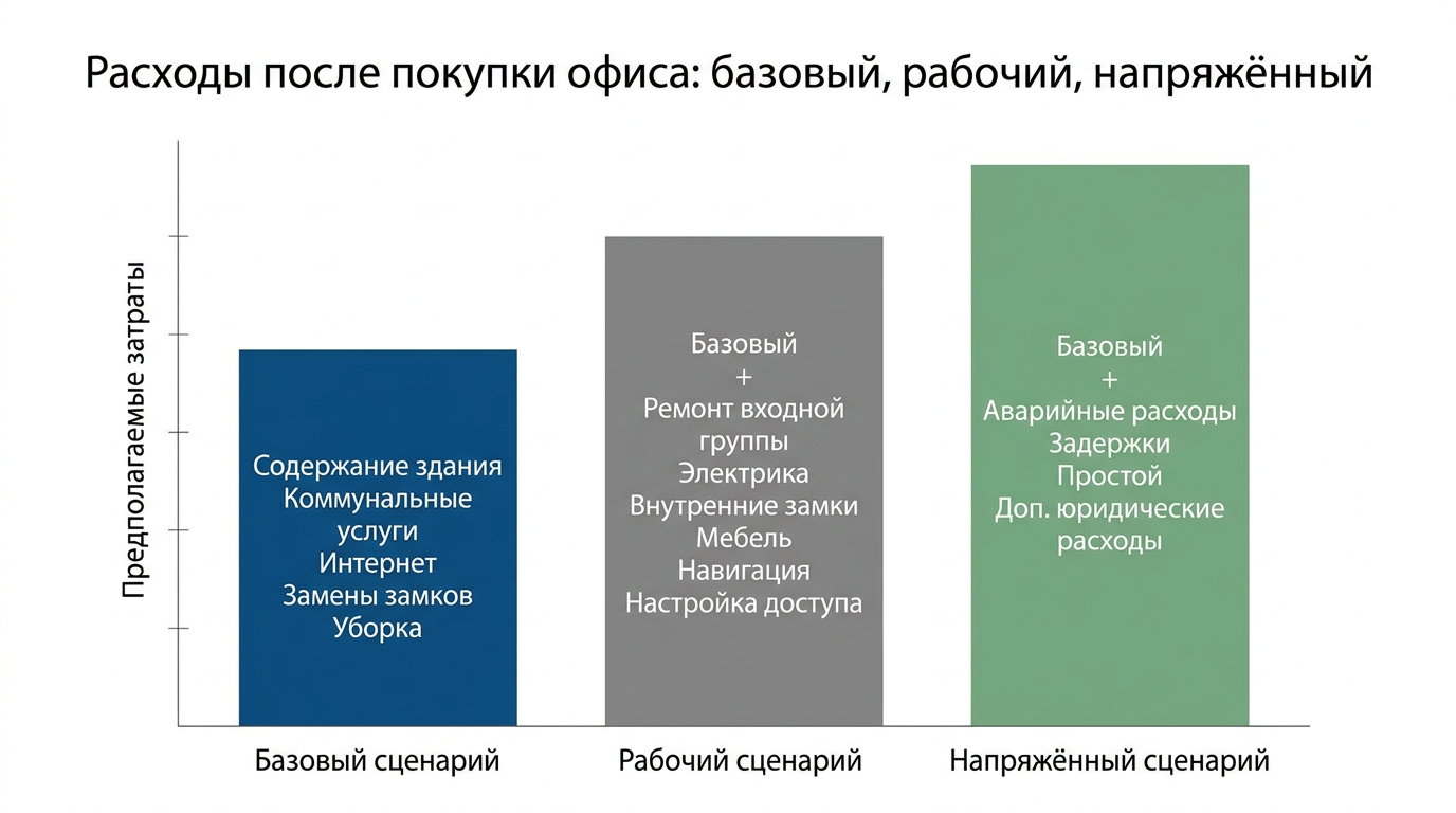 График затрат на офис: базовый (коммуналка), рабочий (+ мебель и ремонт) и напряжённый (+ аварии и простои) сценарии.