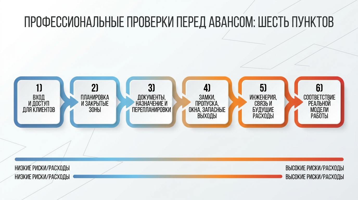 Чек-лист из 6 проверок офиса перед авансом: от планировки до инженерии, с градацией от низких к высоким рискам.